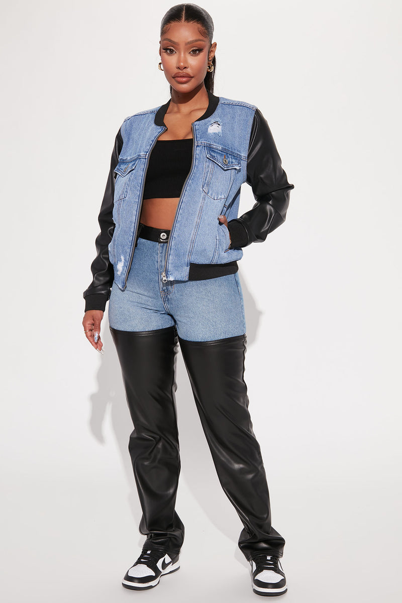 Blue jeans black bomber jacket outlet