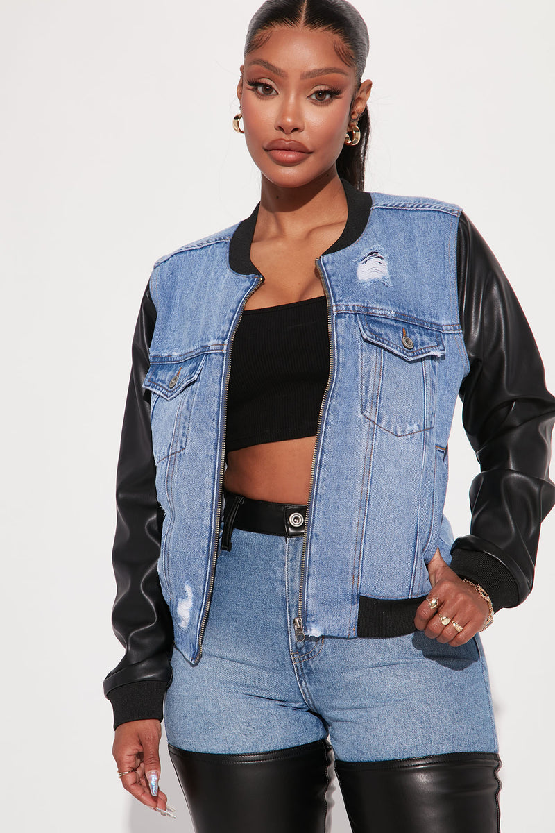Denim and leather sales jacket womens