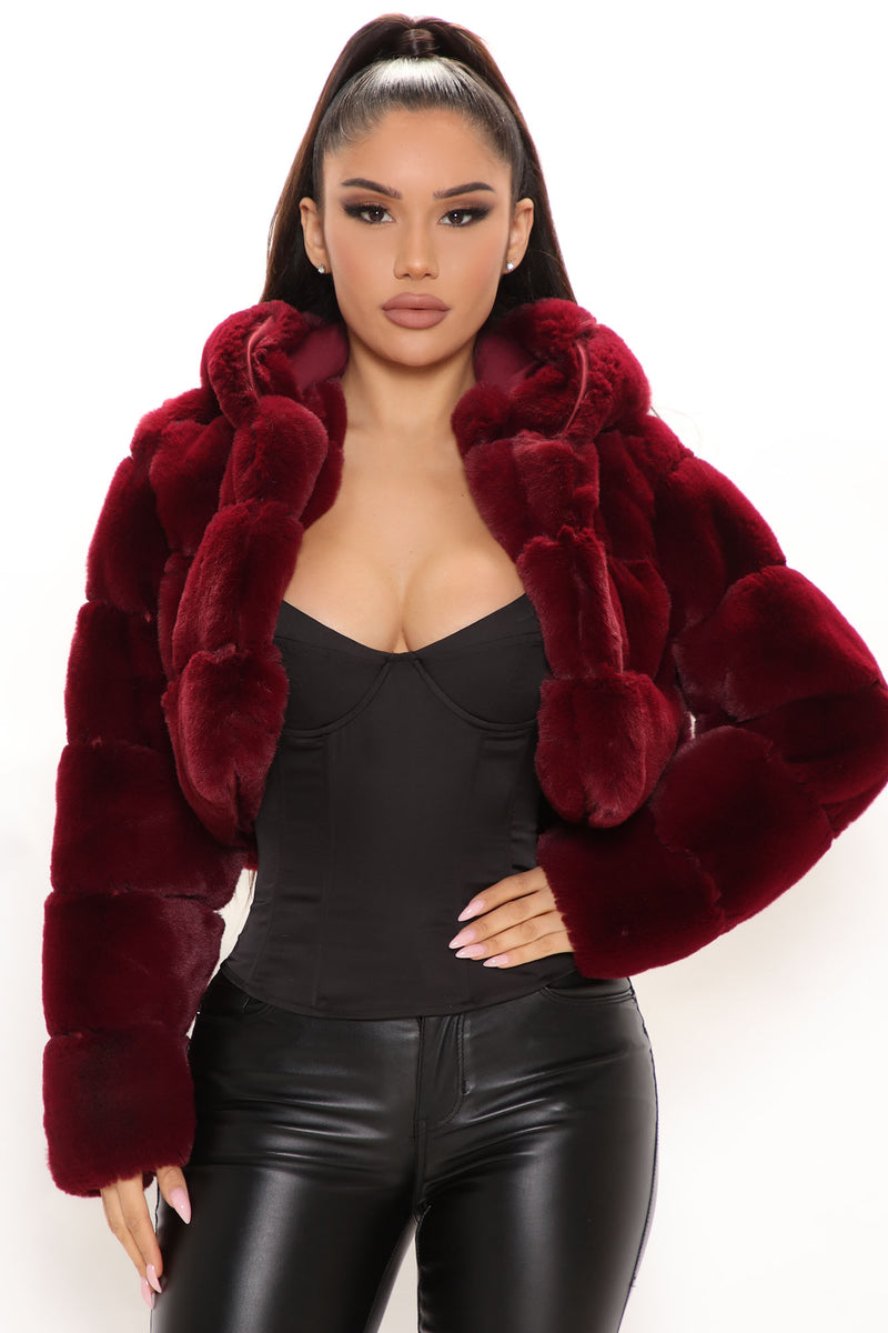 Fancy Ladies Fluffy Fox Fur Wide Lapel Wine Red Jacket Women