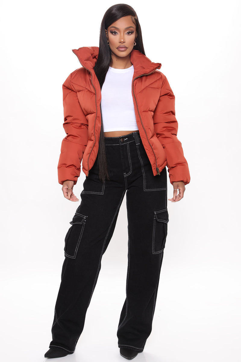 Rust puffer jacket women's top