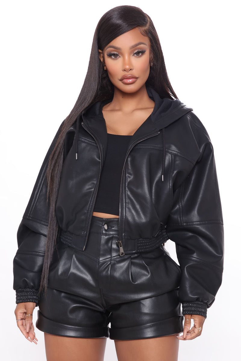 Womens Petite Black Leather Hooded Jacket