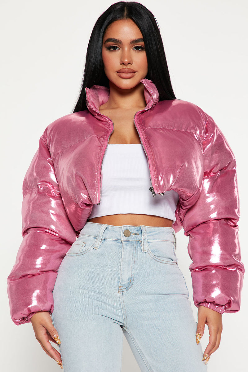 Pink cropped puffer coat discount