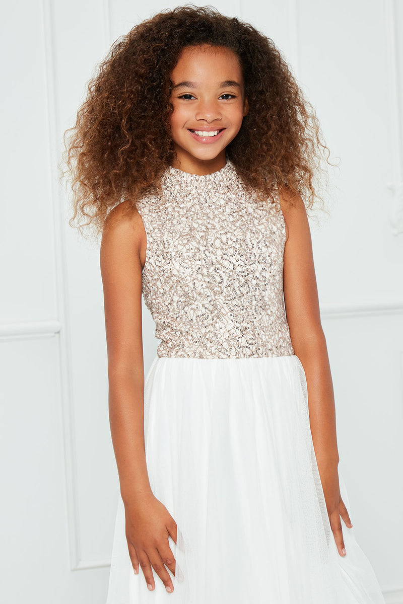 Mini Ballroom Cutie Sequin Maxi Dress White combo