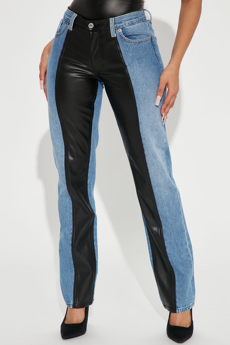 Franky Faux Leather And Denim Low Rise Straight Leg Jeans Medium Blue Wash