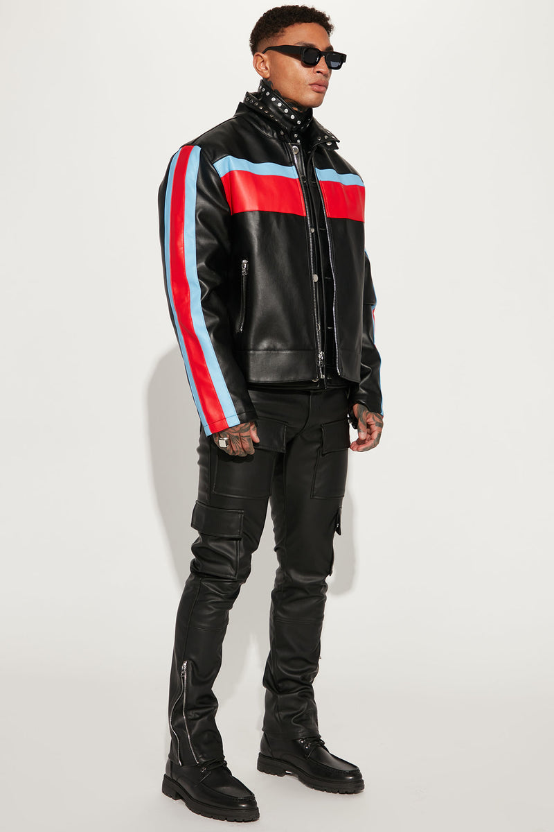 Racing Faux Leather Jacket Black combo
