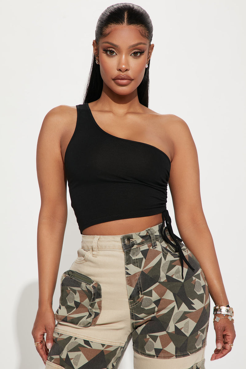 Natalia One Shoulder Ruched Top Black Fashion Nova Basic Tops