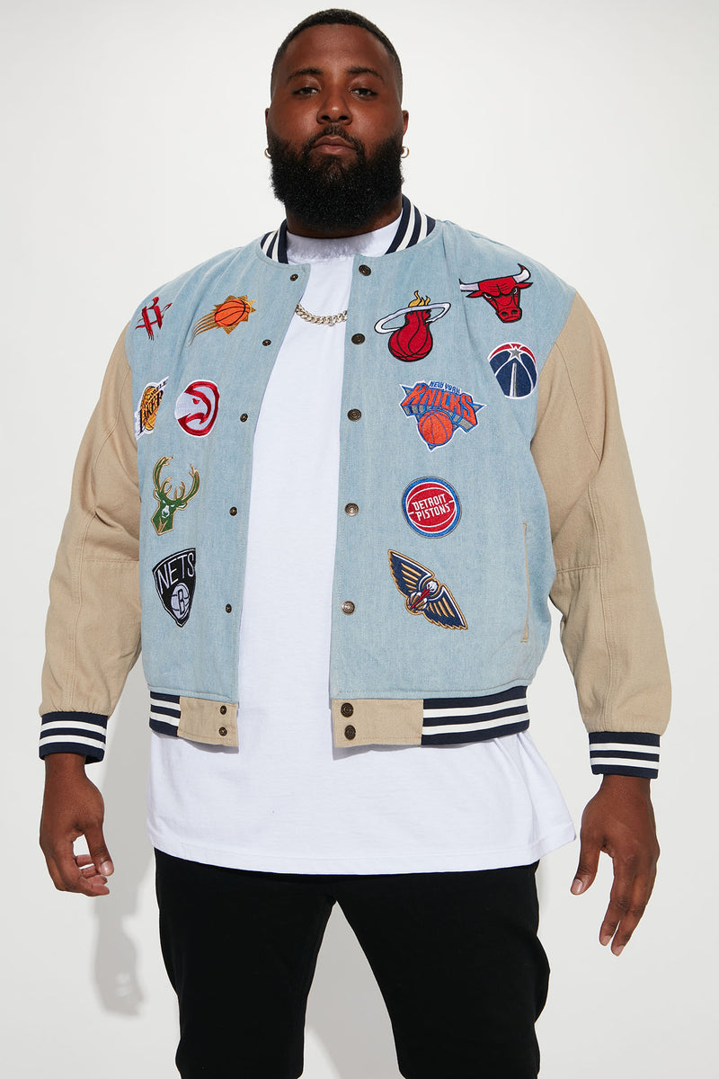 NBA Full Court Denim Varsity Jacket Medium Wash Fashion Nova