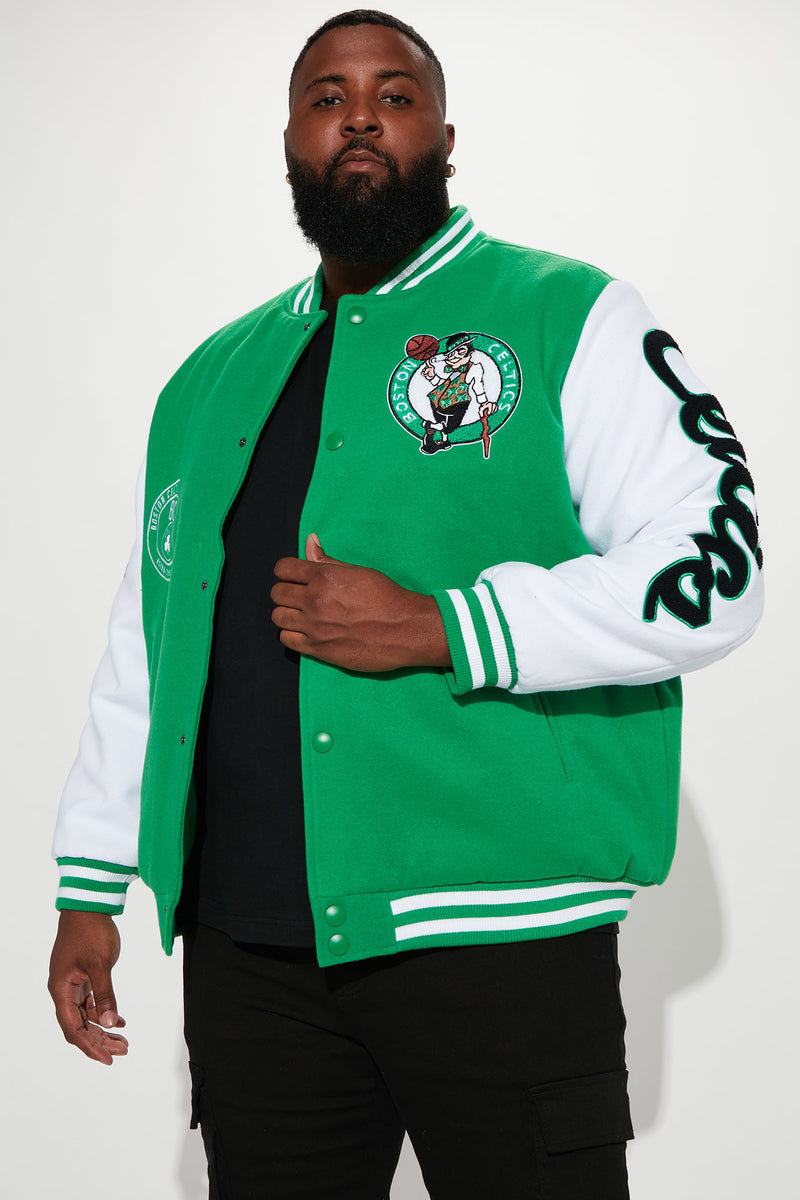 Mens Letterman Boston Celtics Green and White Varsity Bomber Jacket