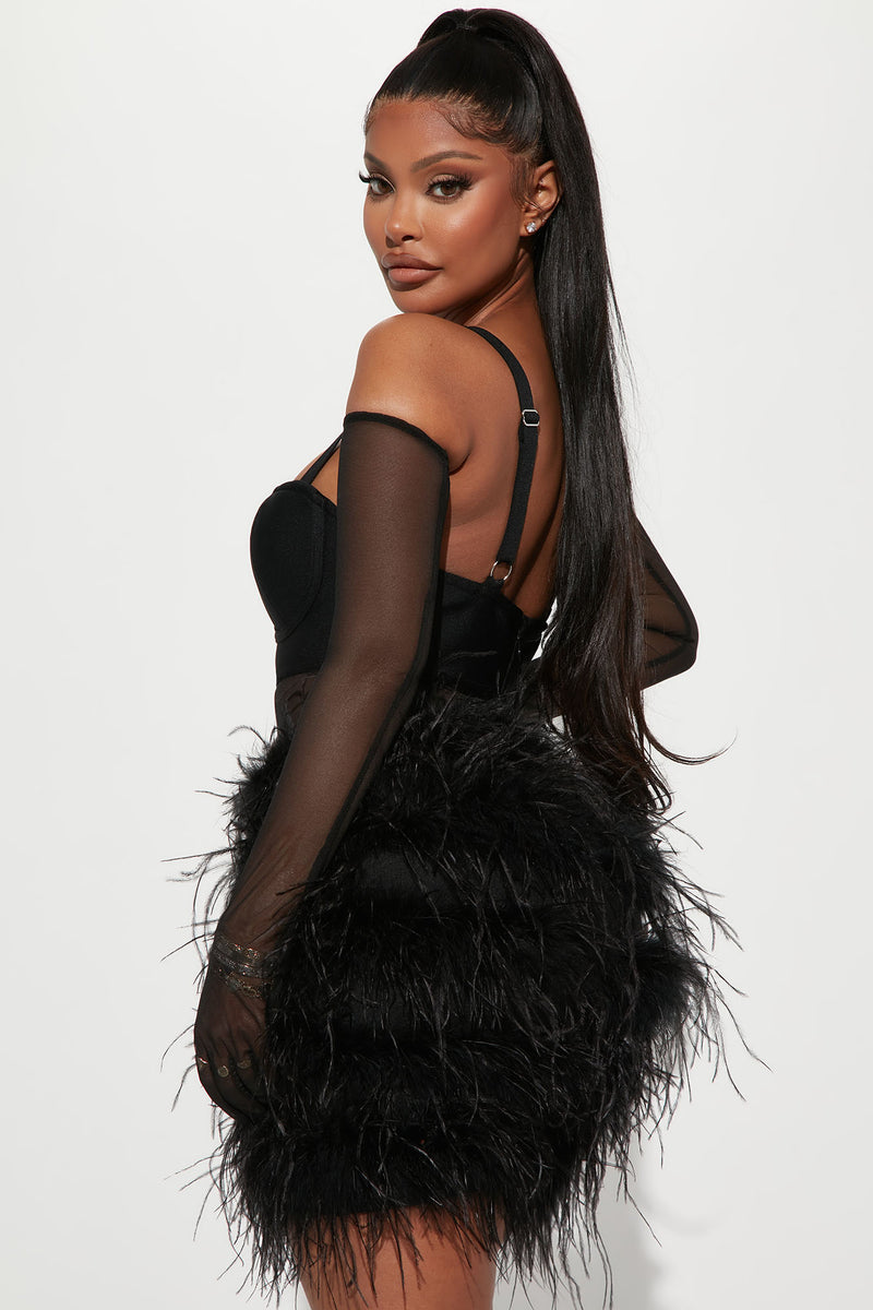 Feather Mini A-line Black Dress – Marssiana