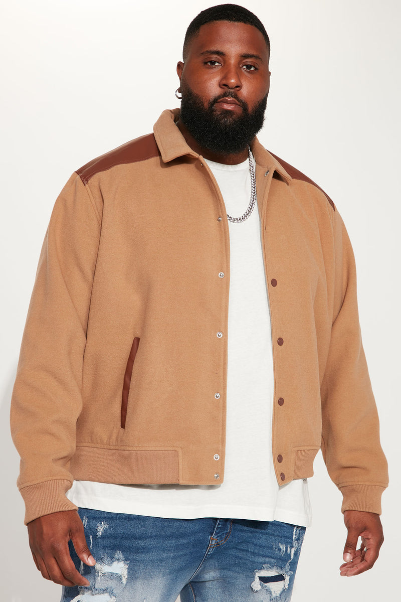 Retro Faux Leather Shoulder Varsity Jacket - Brown/combo