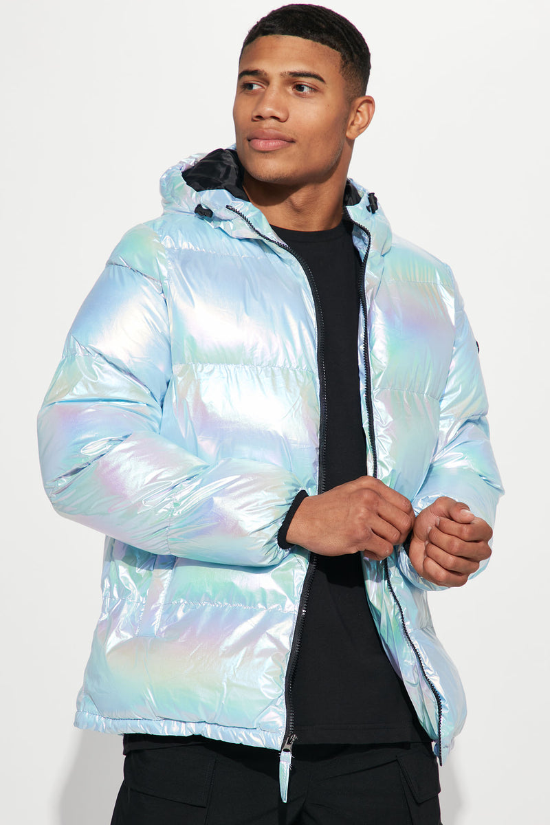 Iridescent puffer jacket on sale mens