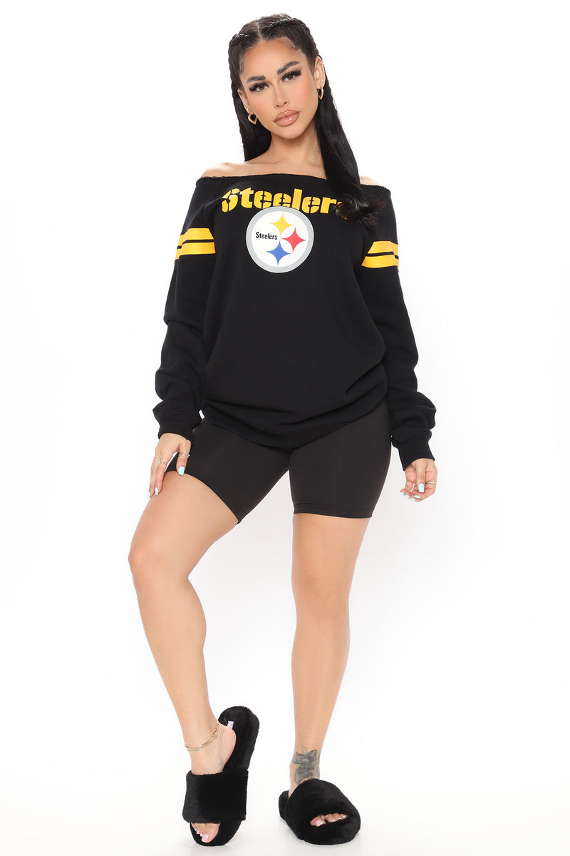 NFL Game Ball Steelers Off Shoulder Sweatshirt Black