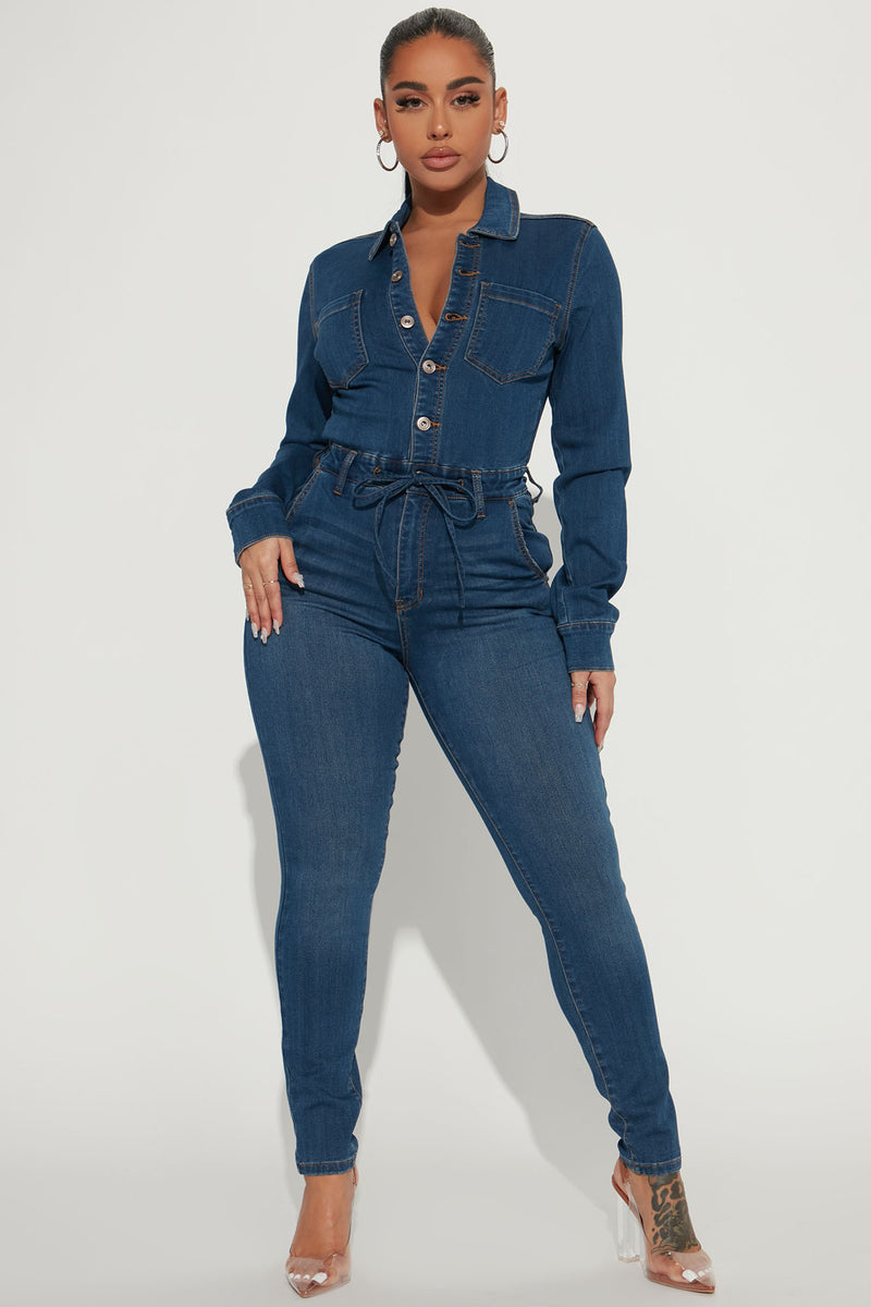 Blue jean jumpsuit fashion 2025 nova