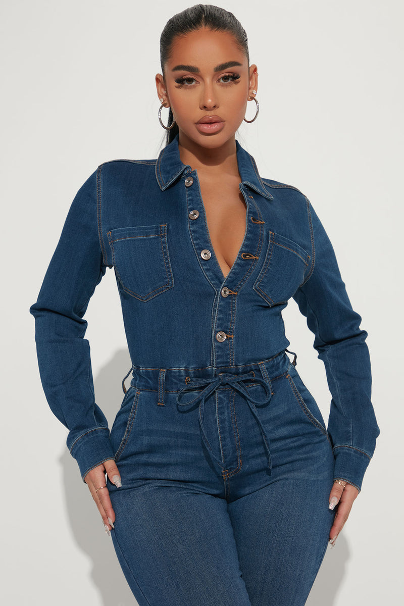 Blue jean jumpsuit fashion nova shop