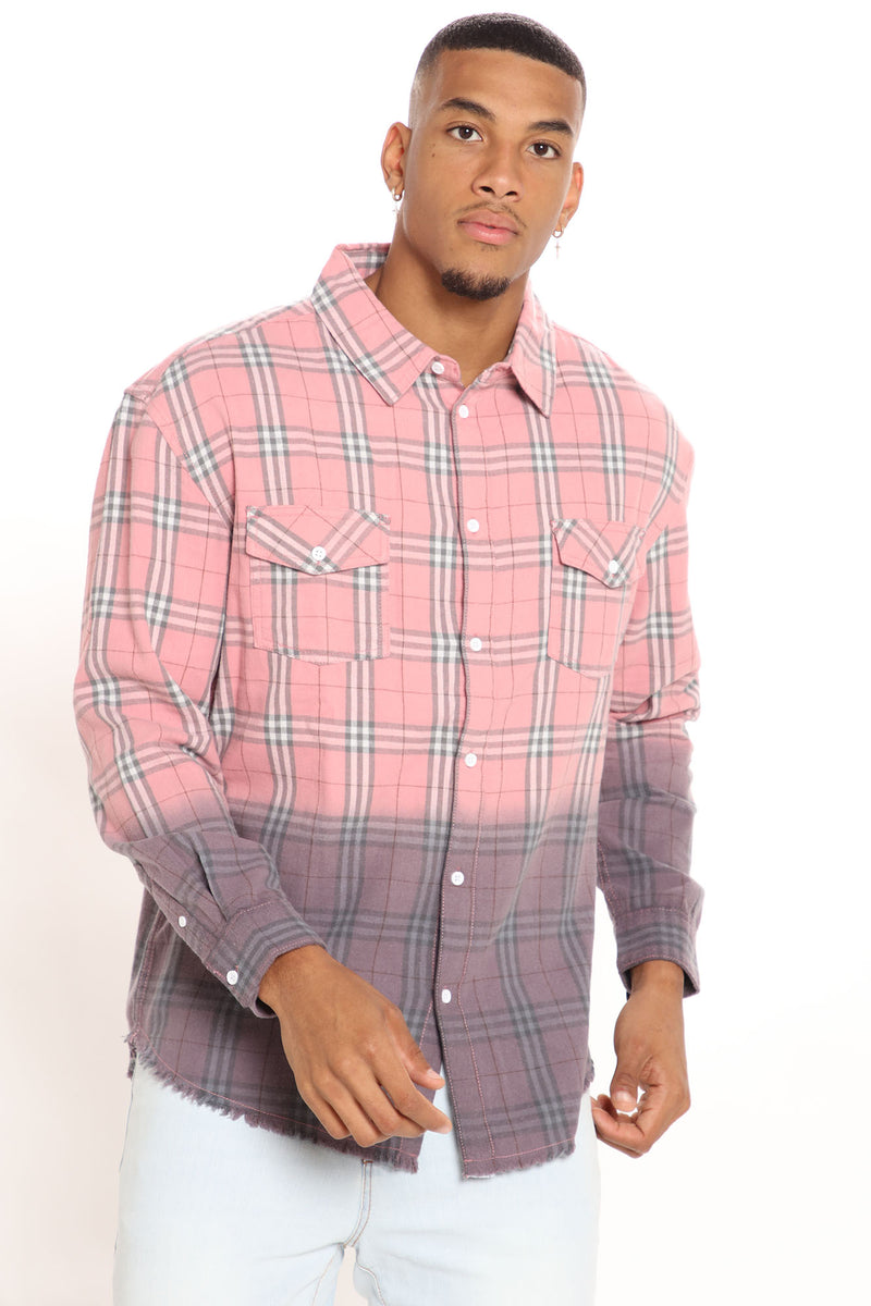 Dream Plaid Ombre Raw Hem Shirt Pink