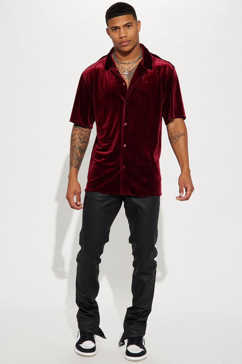Mason Velvet Short Sleeve Cuban Shirt Burgundy Fashion Nova