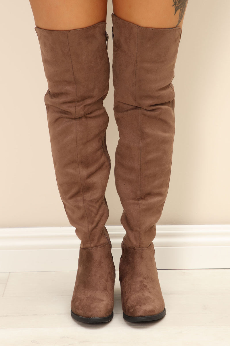 Taupe knee online high boots flat