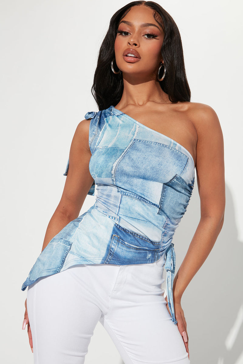 Denim one shoulder top online