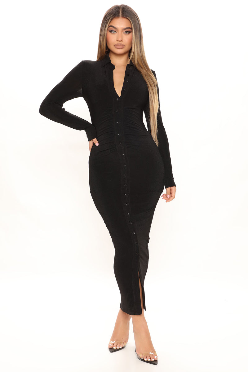 Silky Smooth Long Sleeve Slinky Dress Black