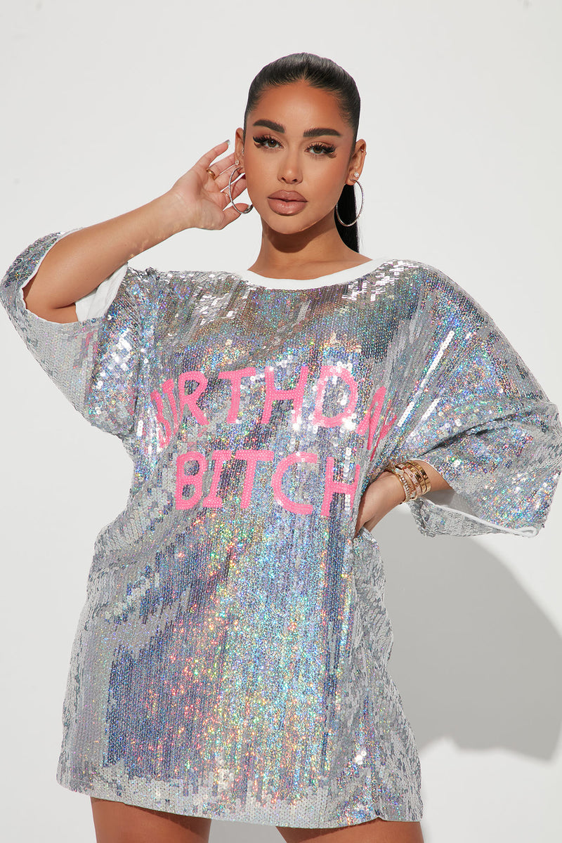 Birthday Queen Sequin Shirt Dress - Silver/Black, Fashion Nova, Dresses