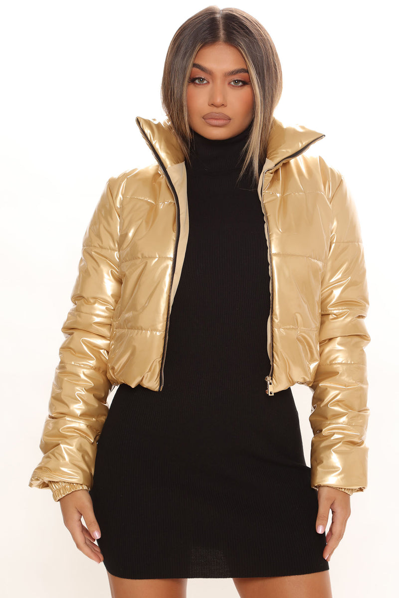 Gold metallic puffer coat shop