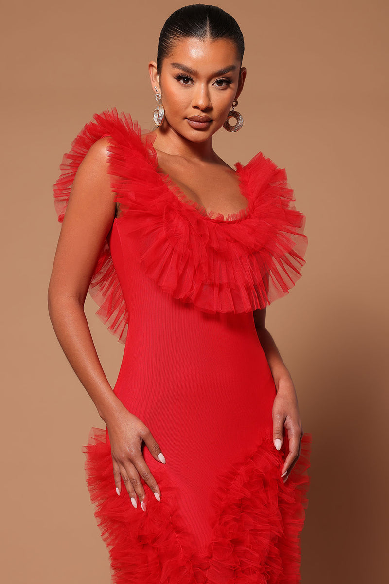 Fashion nova red ruffle dress discount