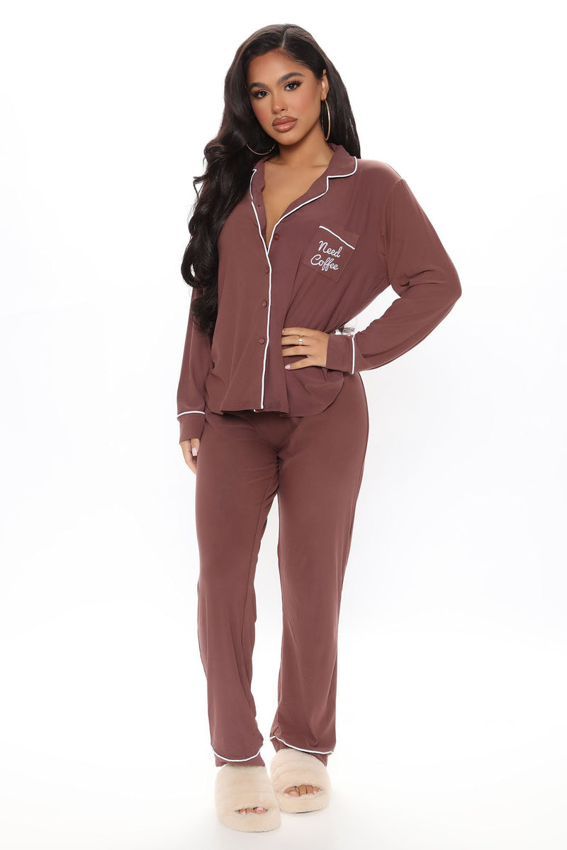 Need Coffee PJ Pant Set Chocolate Fashion Nova Lingerie
