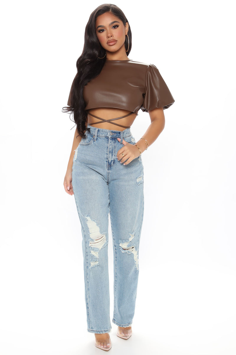 Come Across It Faux Leather Crop Top - Brown