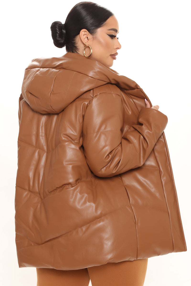 Cool Girl Faux Leather Puffer Jacket Cognac Fashion Nova