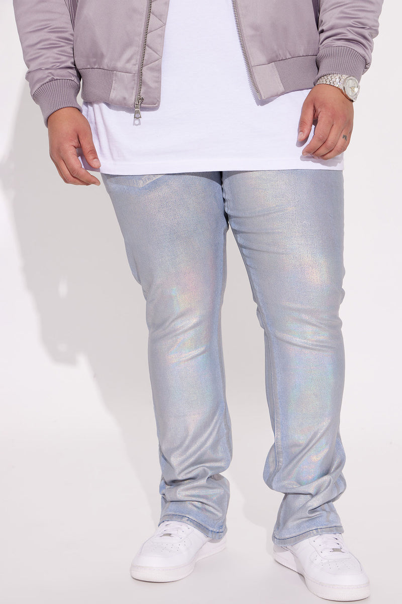 Galaxy Coated Wax Skinny Stacked Flared Jeans Light Blue Wash
