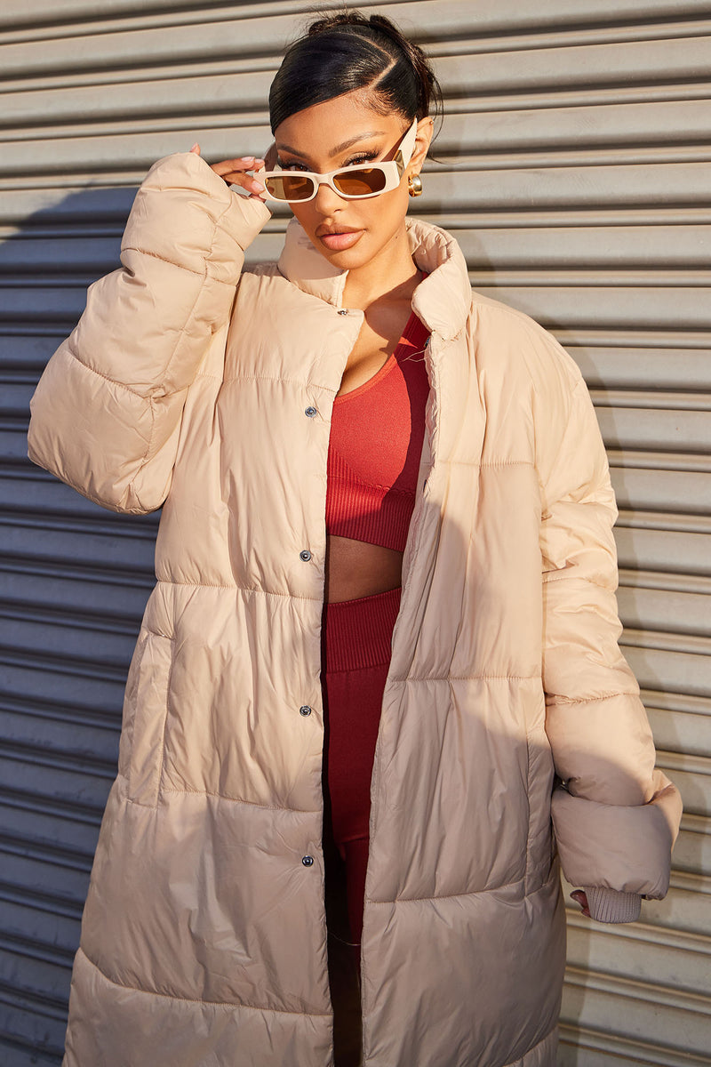 Long tan top puffer coat