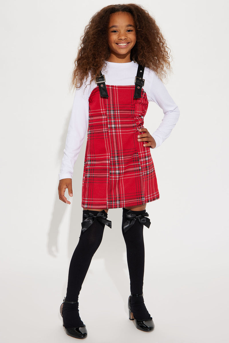 Red plaid overall hot sale dress