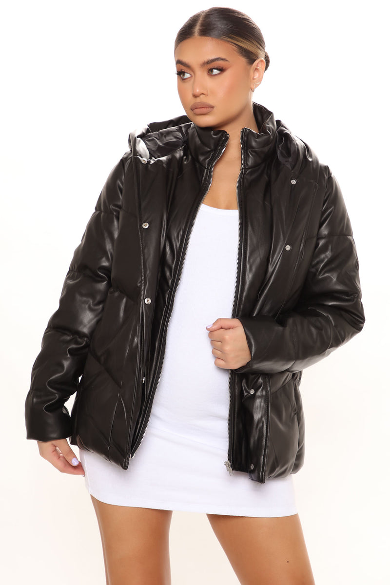 Women's Vixen Faux Leather Puffer Jacket in Black Size Large by Fashion Nova