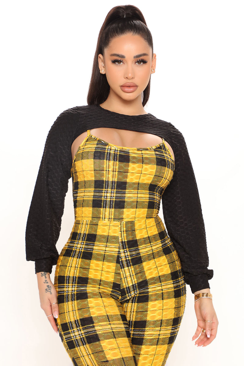 Yellow plaid jumpsuit sales