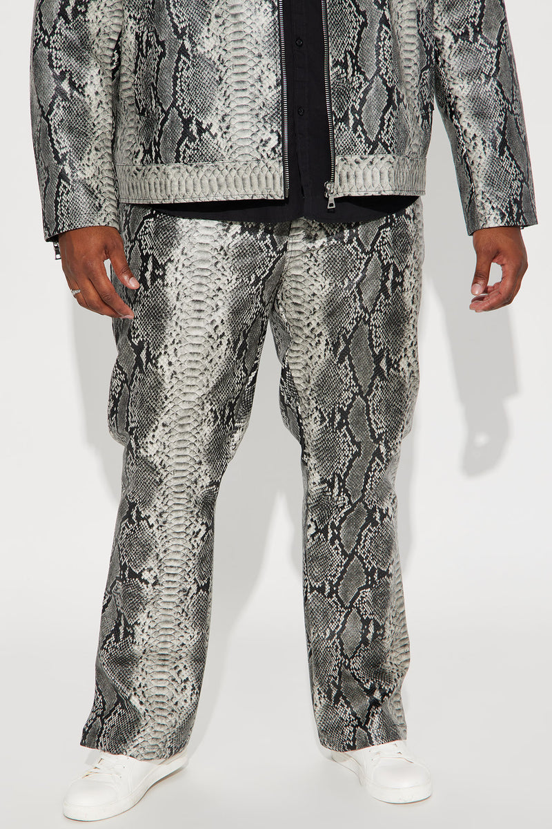 Its A Vibe Faux Leather Snake Skin Flared Slit Trousers Grey
