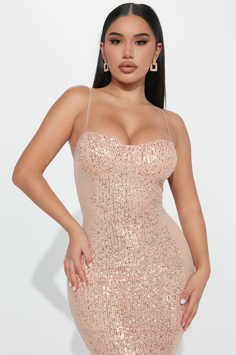 Mya Sequin Midi Dress Rose Gold