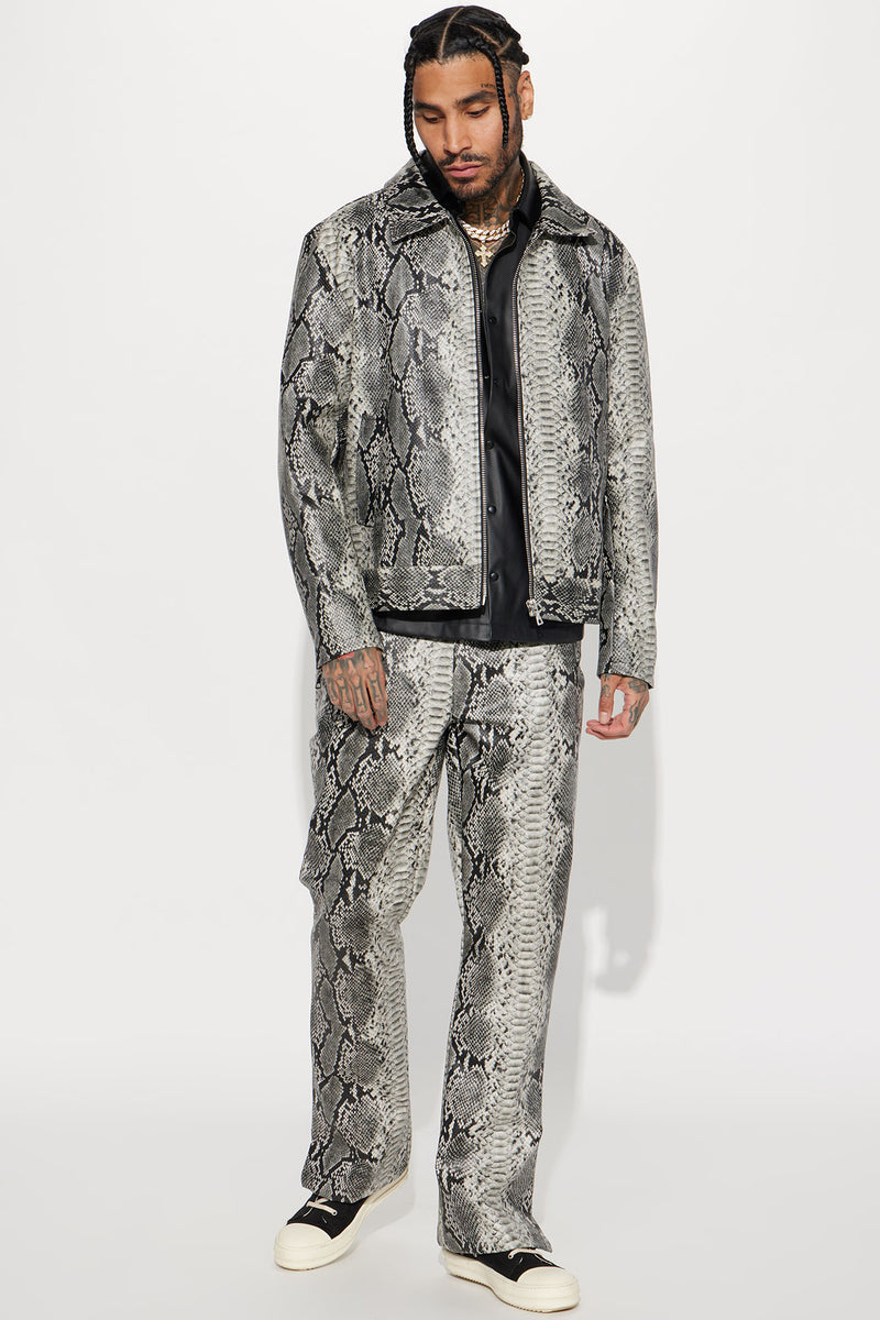 Its A Vibe Faux Leather Snake Skin Flared Slit Trousers Grey combo
