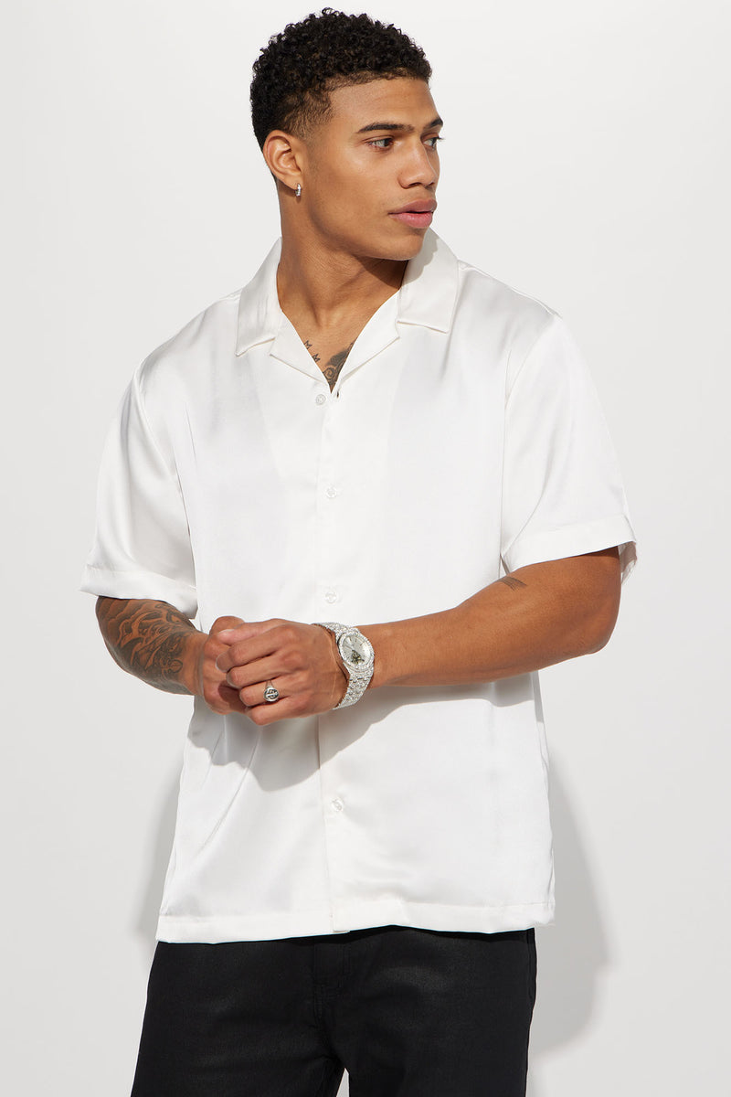 Links Satin Short Sleeve Button Up Shirt - Off White