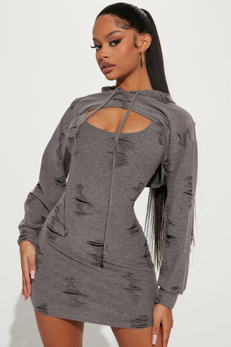 Looking Distressed Sweatshirt Mini Dress Grey