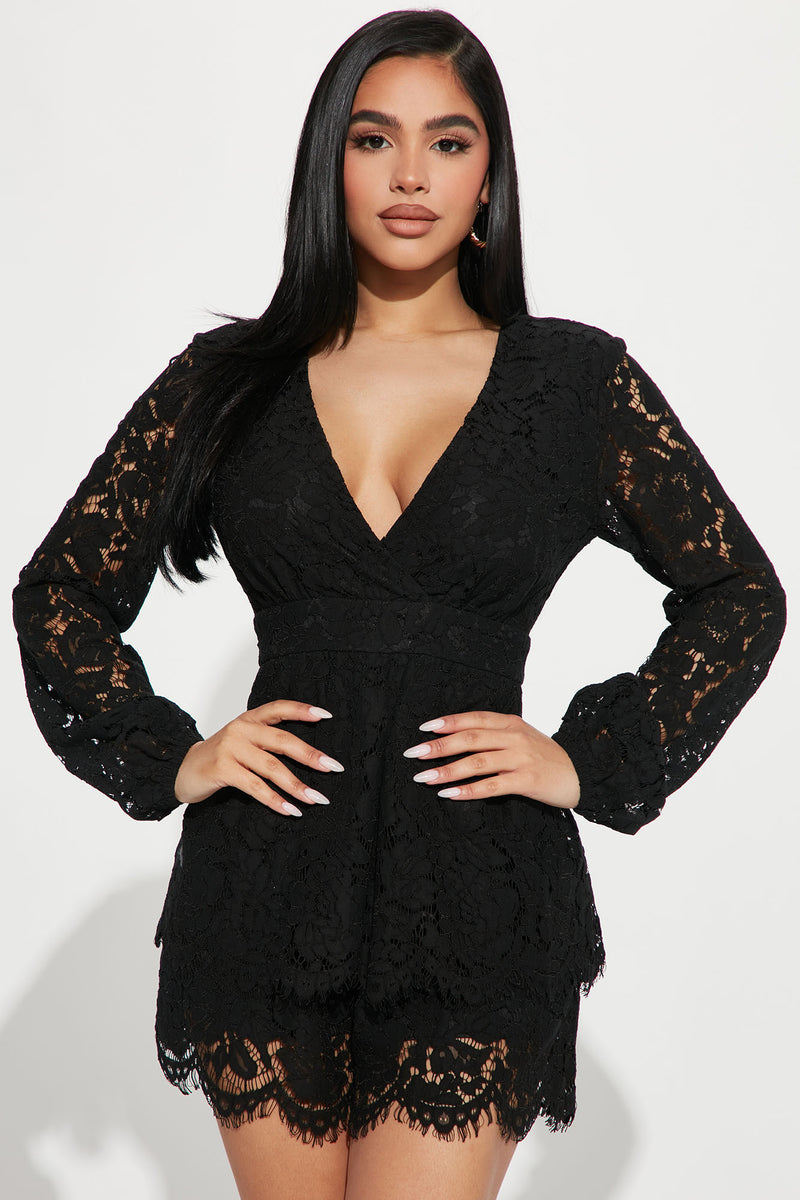 Black lace top shorts romper