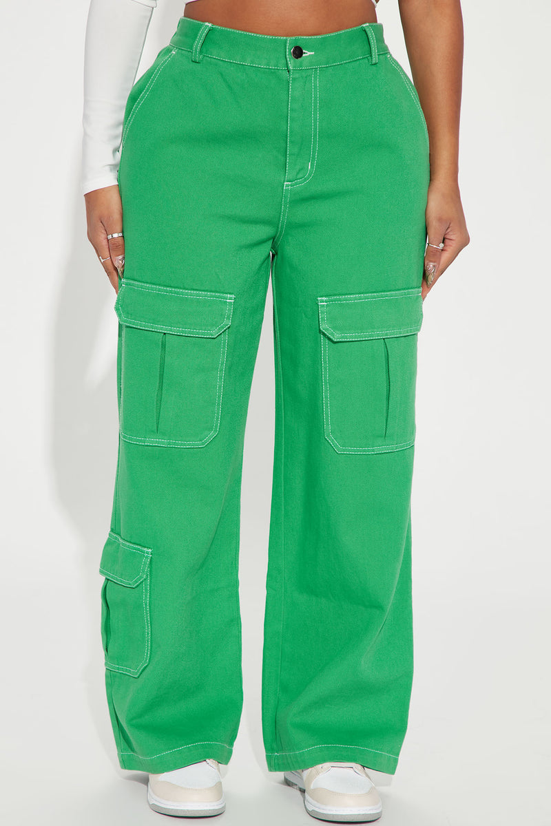 Power Play Easy Waist High Rise Cargo Jeans - Green, Fashion Nova, Jeans