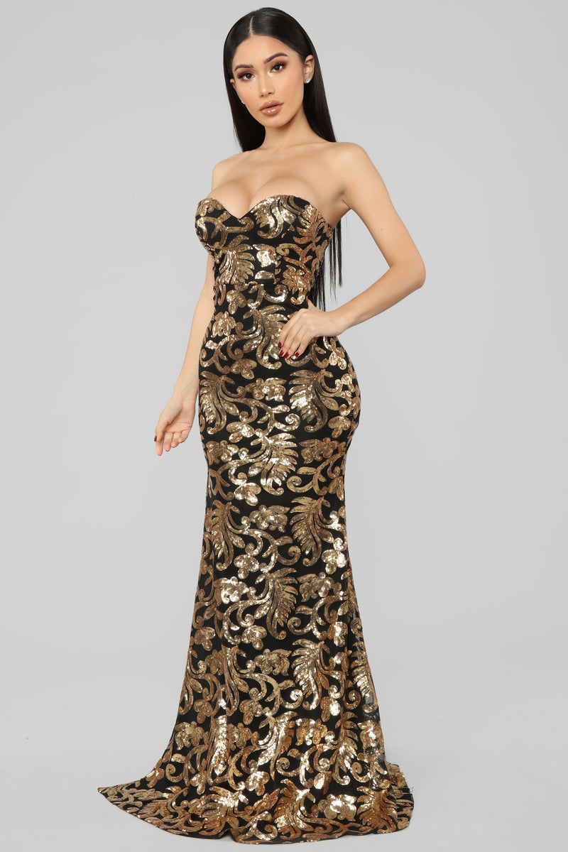 Very Popular Sequin Maxi Dress Black Gold Fashion Nova