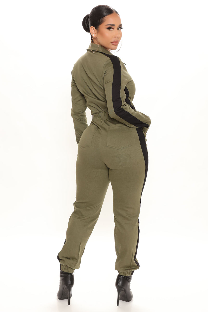 Stripes Over Checks Utility Jumpsuit Olive combo