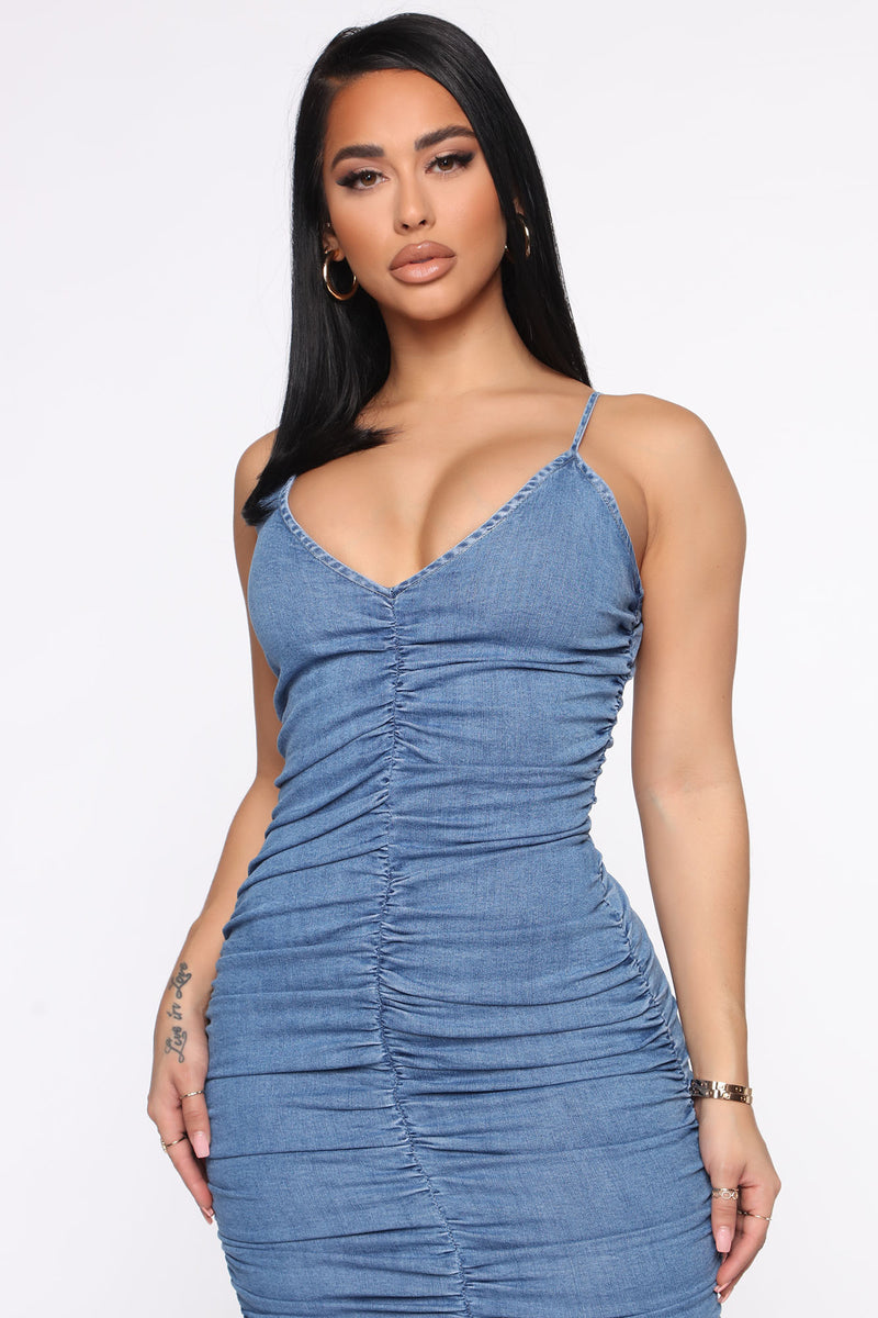 Just A Ruched Denim Mini Dress Medium Wash Fashion Nova