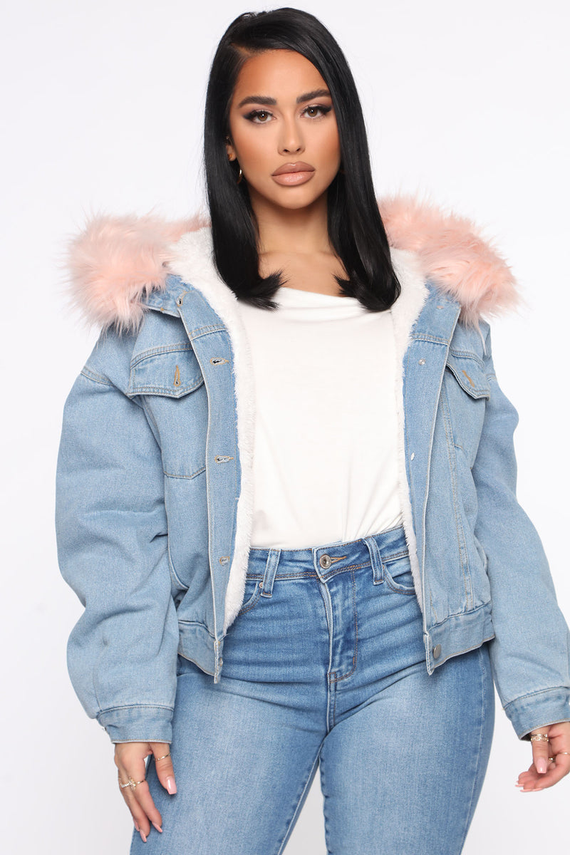 Denim jacket with pink fur sale