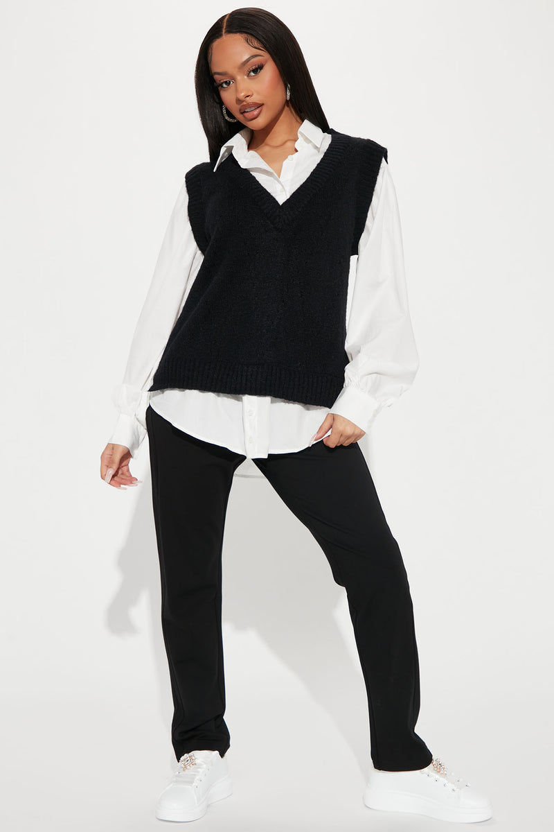 White dress online shirt black vest