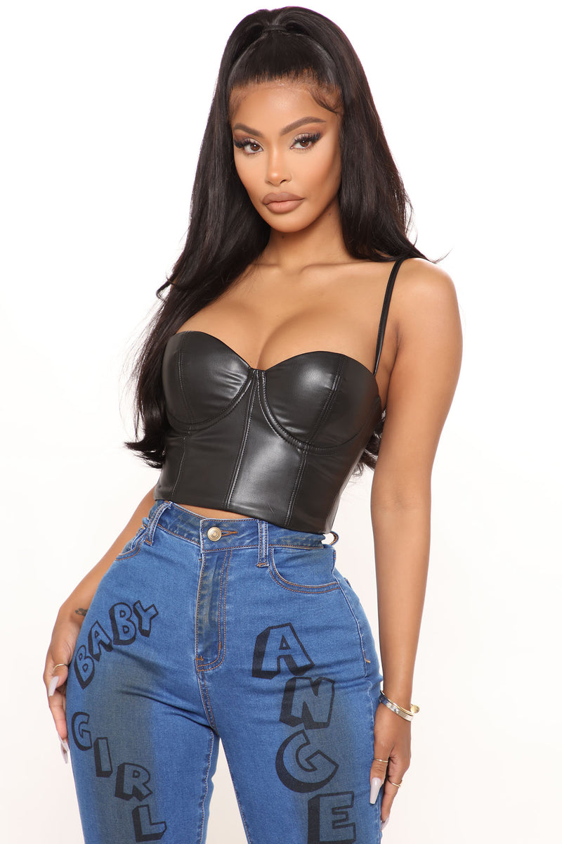  Women's Black Pu Corset Top Cropped Leather Bustier