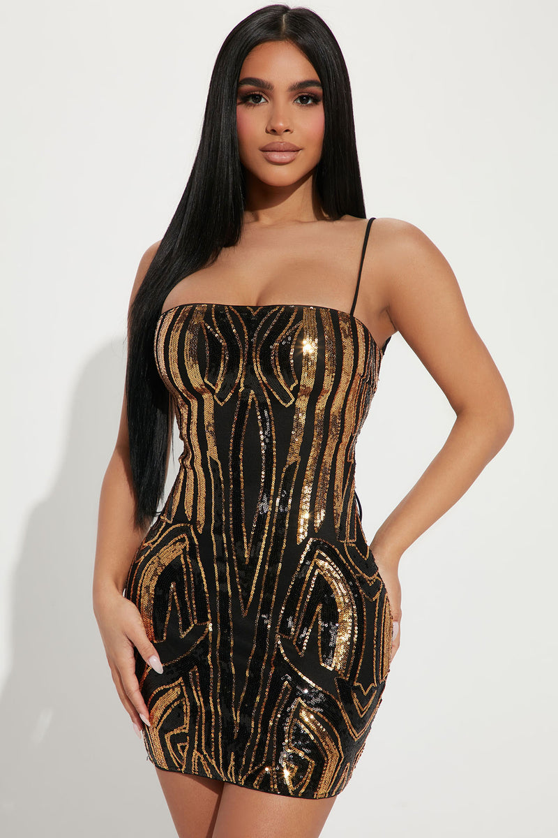 black and gold dress fashion nova Jessy Feather Satin Mini Dress - Black/Gold