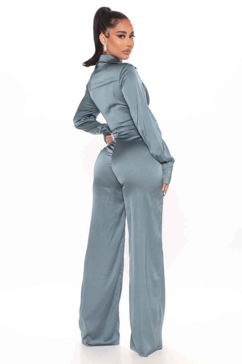 Fabulosity Stretch Satin Jumpsuit - Teal