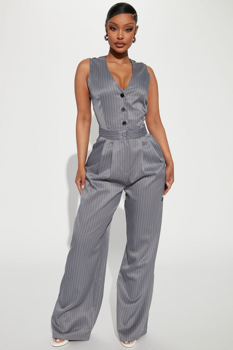 Tanya Pinstripe Trouser Jumpsuit Dusty Blue